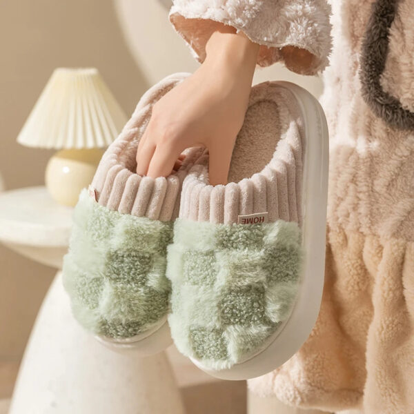 Plaid Plush Slippers Women's Indoor Plush Home Slippers Soft Sole Thick Non-Slip Warm House Shoes Couple Autumn And Winter - Image 4