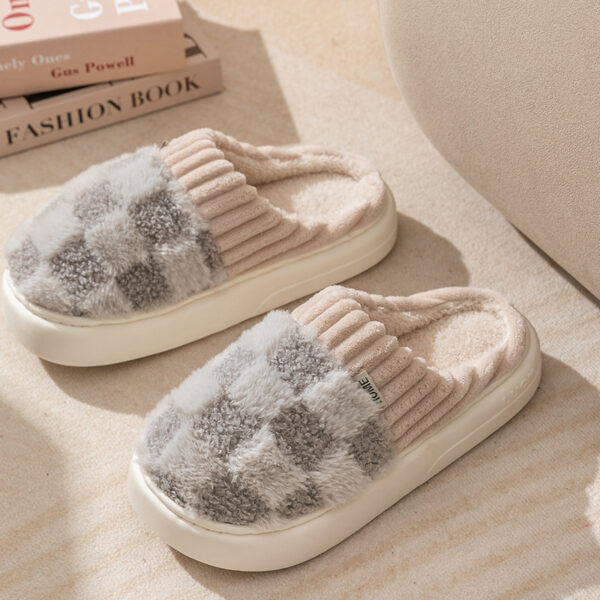Plaid Plush Slippers Women's Indoor Plush Home Slippers Soft Sole Thick Non-Slip Warm House Shoes Couple Autumn And Winter - Image 3