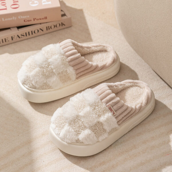 Plaid Plush Slippers Women's Indoor Plush Home Slippers Soft Sole Thick Non-Slip Warm House Shoes Couple Autumn And Winter - Image 8