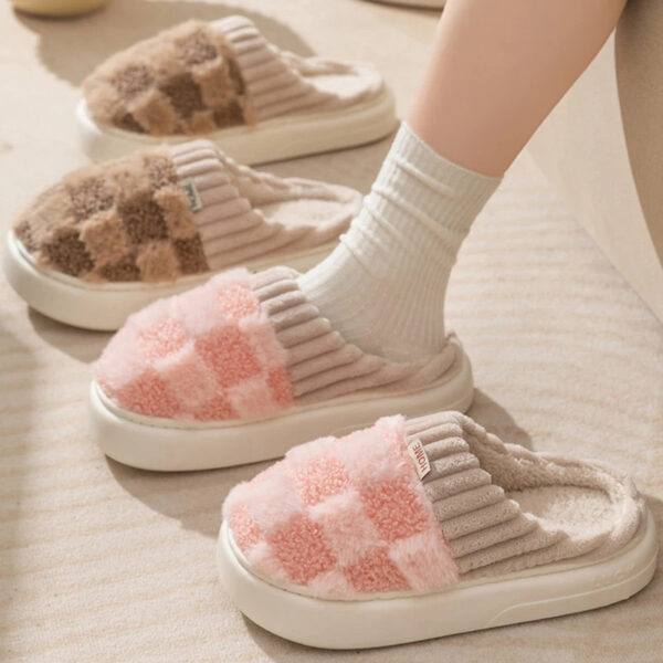 Plaid Plush Slippers Women's Indoor Plush Home Slippers Soft Sole Thick Non-Slip Warm House Shoes Couple Autumn And Winter - Image 6