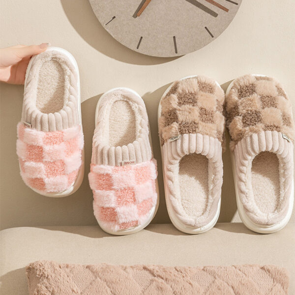Plaid Plush Slippers Women's Indoor Plush Home Slippers Soft Sole Thick Non-Slip Warm House Shoes Couple Autumn And Winter - Image 7
